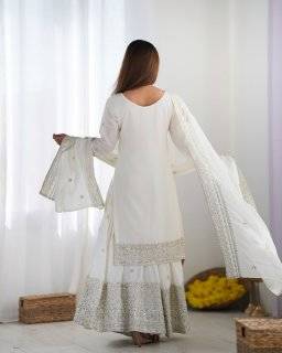 White embroidered Kurti With Palazzo Sequins Work Designer Kurti Set With Dupatta 5