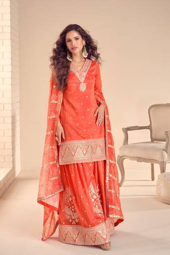 Orange heavy embroidery work cosmos silk Palazzo Full Stitched Free size