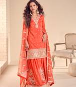 Orange heavy embroidery work cosmos silk Palazzo Full Stitched Free size