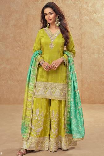 Lemon heavy embroidery work cosmos silk sharara Full Stitched Free size