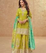 Lemon heavy embroidery work cosmos silk sharara Full Stitched Free size