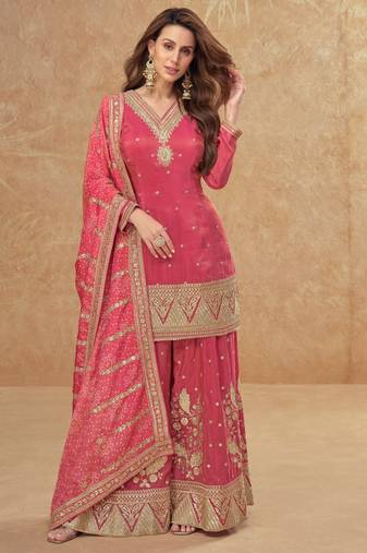 Pink heavy embroidery work cosmos silk sharara Full Stitched Free size