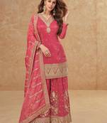 Pink heavy embroidery work cosmos silk sharara Full Stitched Free size
