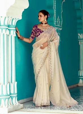 beige embroidered saree with jacquard work blouse piece 1