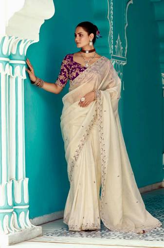 beige embroidered saree with jacquard work blouse piece
