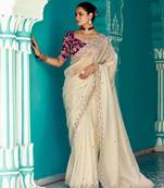 beige embroidered saree with jacquard work blouse piece