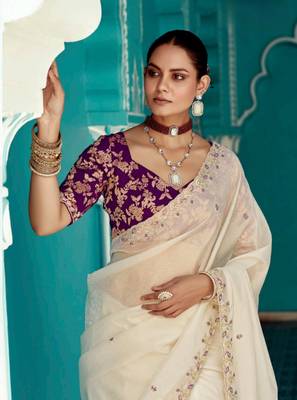 beige embroidered saree with jacquard work blouse piece 2