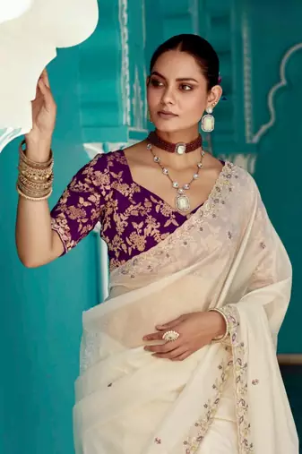 beige embroidered saree with jacquard work blouse piece