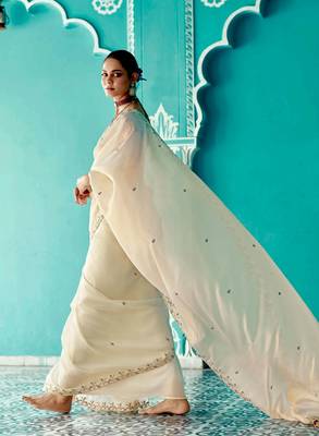 beige embroidered saree with jacquard work blouse piece 3