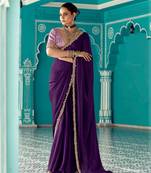 violet embroidered saree with jacquard work blouse piece