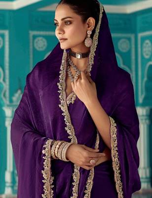 violet embroidered saree with jacquard work blouse piece 2