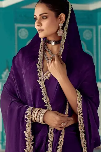 violet embroidered saree with jacquard work blouse piece
