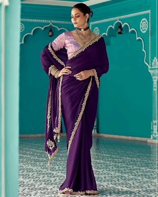 violet embroidered saree with jacquard work blouse piece 3