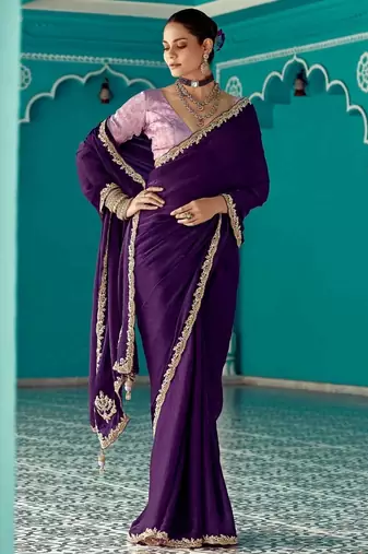 violet embroidered saree with jacquard work blouse piece