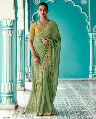 green embroidered saree with jacquard work blouse piece 1