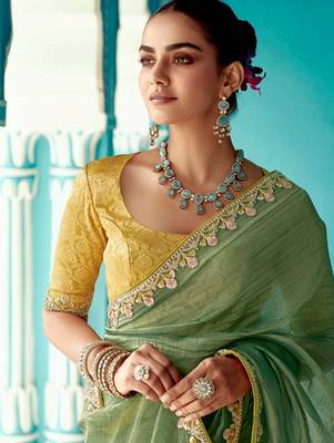 green embroidered saree with jacquard work blouse piece 2