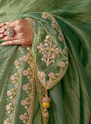 green embroidered saree with jacquard work blouse piece 3