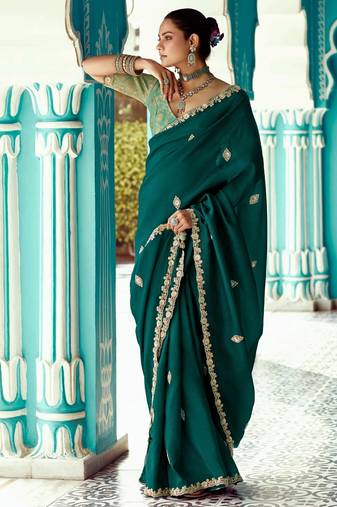 emerald embroidered saree with jacquard work blouse piece