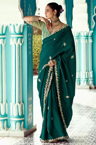 emerald embroidered saree with jacquard work blouse piece