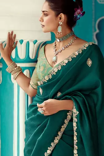 emerald embroidered saree with jacquard work blouse piece
