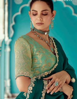 emerald embroidered saree with jacquard work blouse piece 3