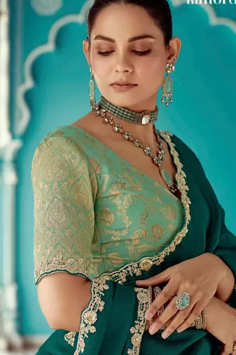 emerald embroidered saree with jacquard work blouse piece