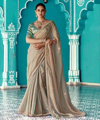 cream embroidered saree with jacquard work blouse piece 1