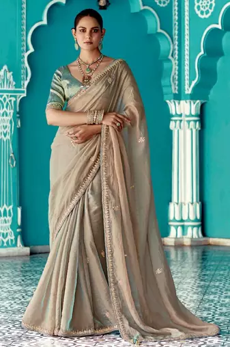 cream embroidered saree with jacquard work blouse piece