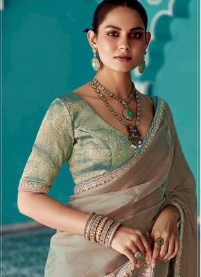 cream embroidered saree with jacquard work blouse piece 2