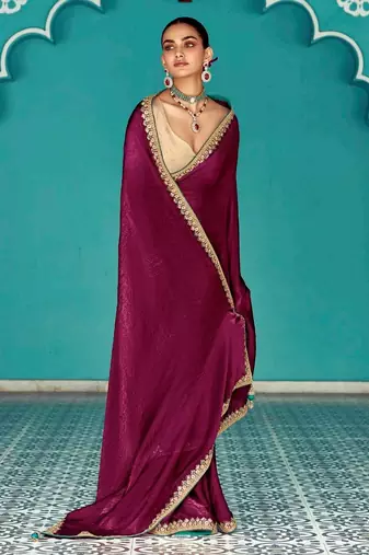 maroon embroidered saree with jacquard work blouse piece