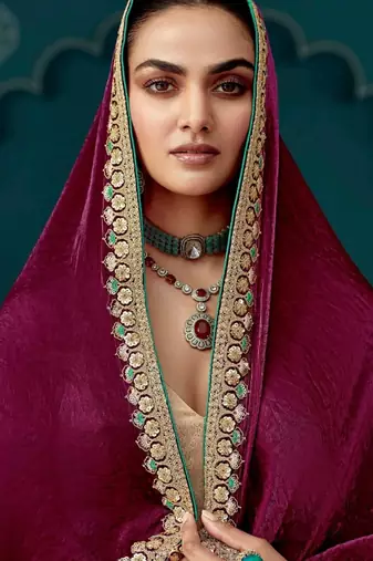 maroon embroidered saree with jacquard work blouse piece
