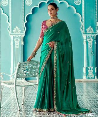 dark green embroidered saree with jacquard work blouse piece 1