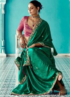 dark green embroidered saree with jacquard work blouse piece 2