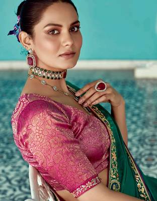 dark green embroidered saree with jacquard work blouse piece 3