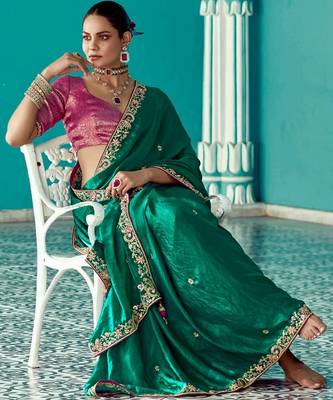 dark green embroidered saree with jacquard work blouse piece 4