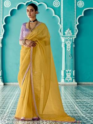 yellow embroidered saree with jacquard work blouse piece 1
