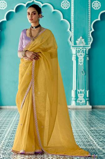 yellow embroidered saree with jacquard work blouse piece