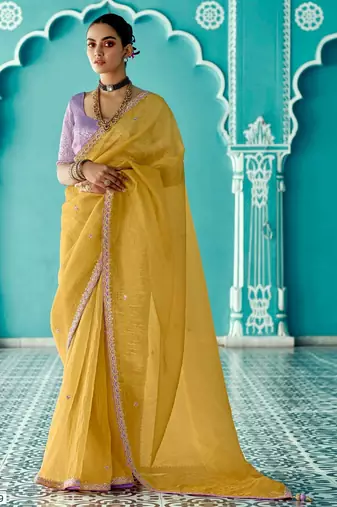 yellow embroidered saree with jacquard work blouse piece