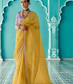 yellow embroidered saree with jacquard work blouse piece