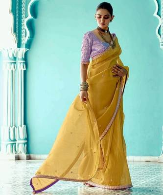 yellow embroidered saree with jacquard work blouse piece 2