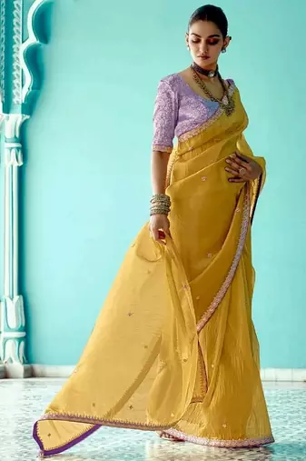 yellow embroidered saree with jacquard work blouse piece