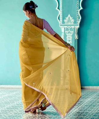 yellow embroidered saree with jacquard work blouse piece 3