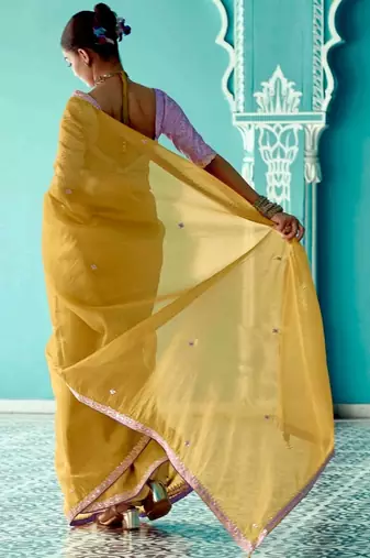 yellow embroidered saree with jacquard work blouse piece