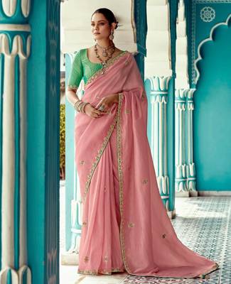pink embroidered saree with jacquard work blouse piece 1
