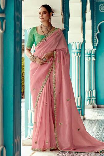 pink embroidered saree with jacquard work blouse piece
