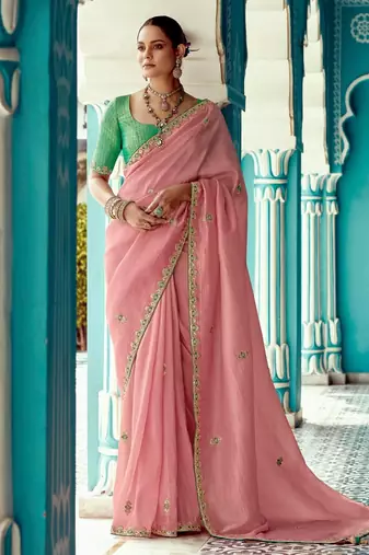 pink embroidered saree with jacquard work blouse piece
