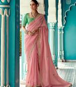 pink embroidered saree with jacquard work blouse piece