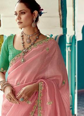 pink embroidered saree with jacquard work blouse piece 2