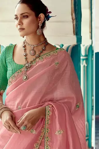 pink embroidered saree with jacquard work blouse piece