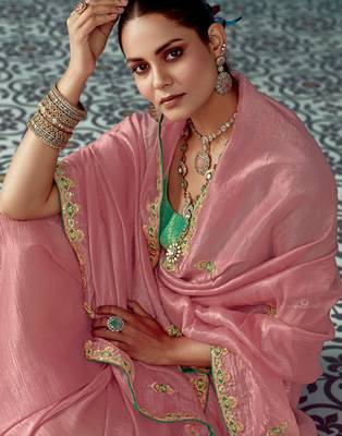 pink embroidered saree with jacquard work blouse piece 3